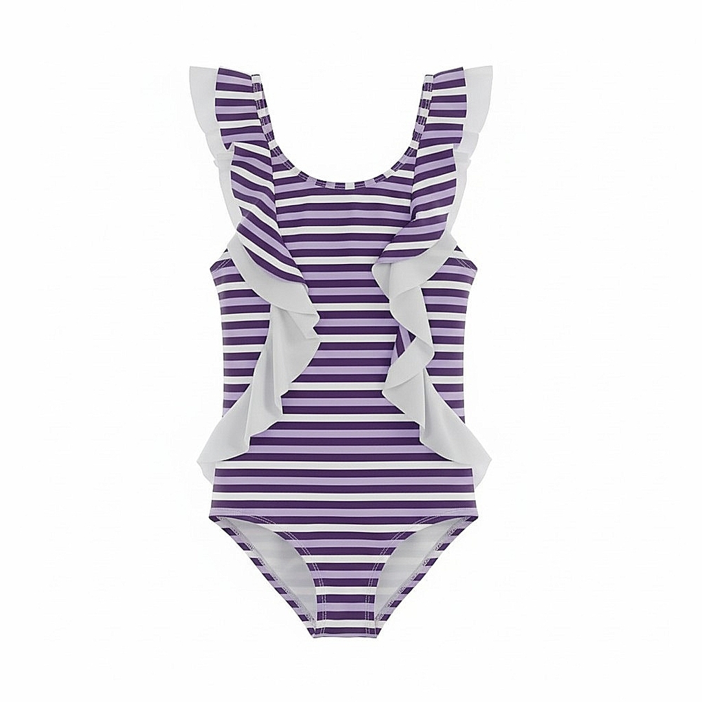 NWT! Dot Dot Smile Girls' Purple Stripe Ruffle One-Piece Swimsuit